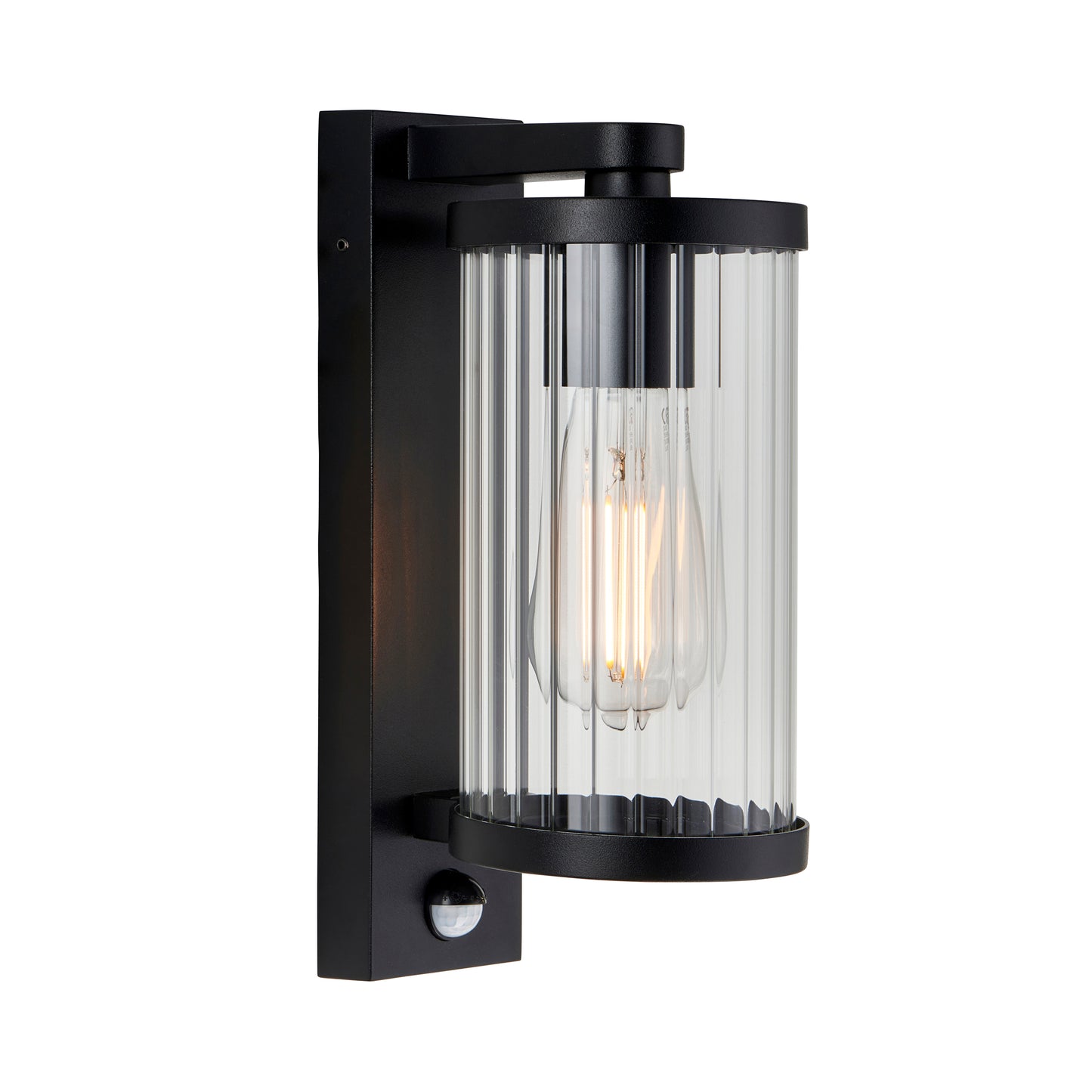 Outdoor Wall Light with Integrated PIR in Black with Ribbed Glass - ID 13968