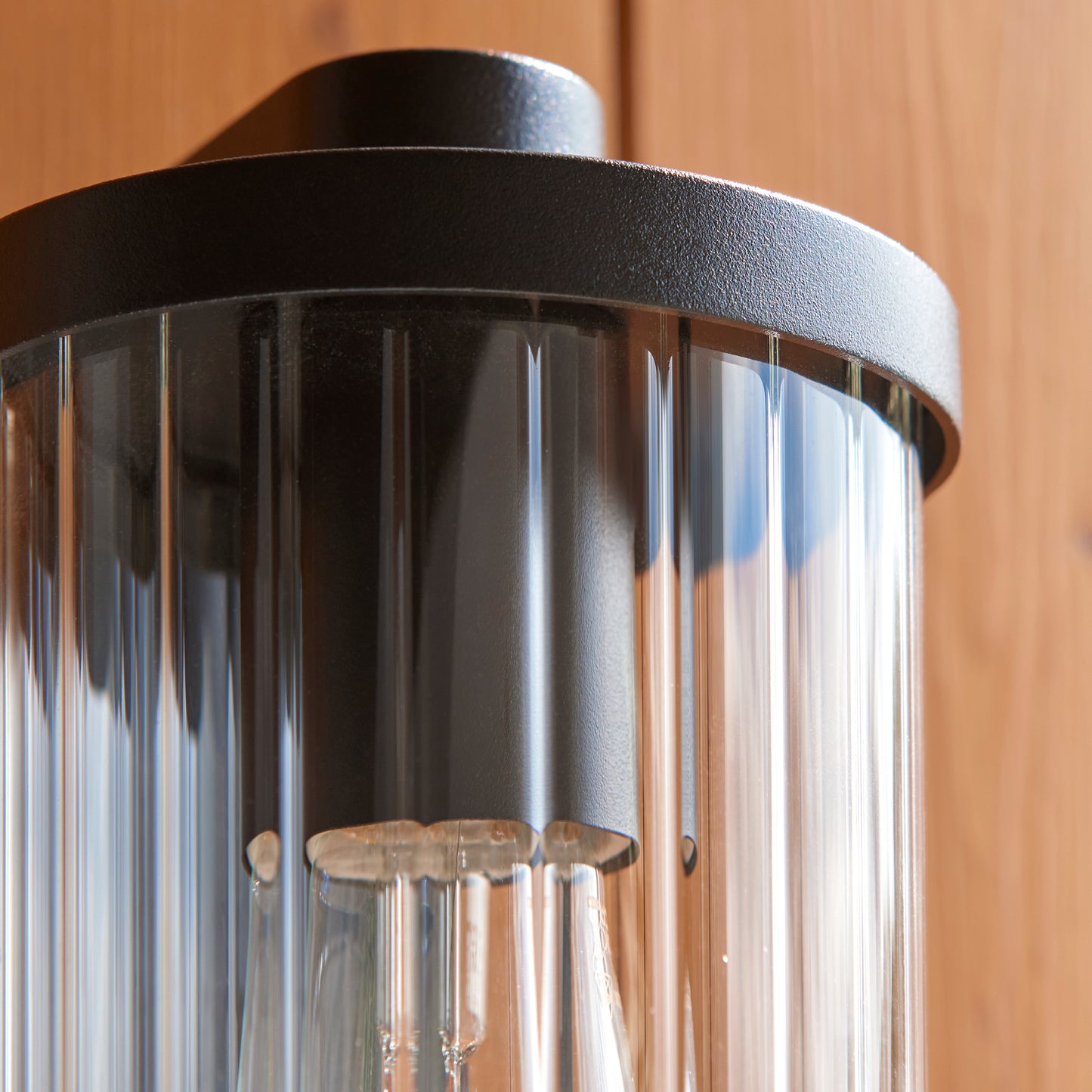 Outdoor Wall Light with Integrated PIR in Black with Ribbed Glass - ID 13968