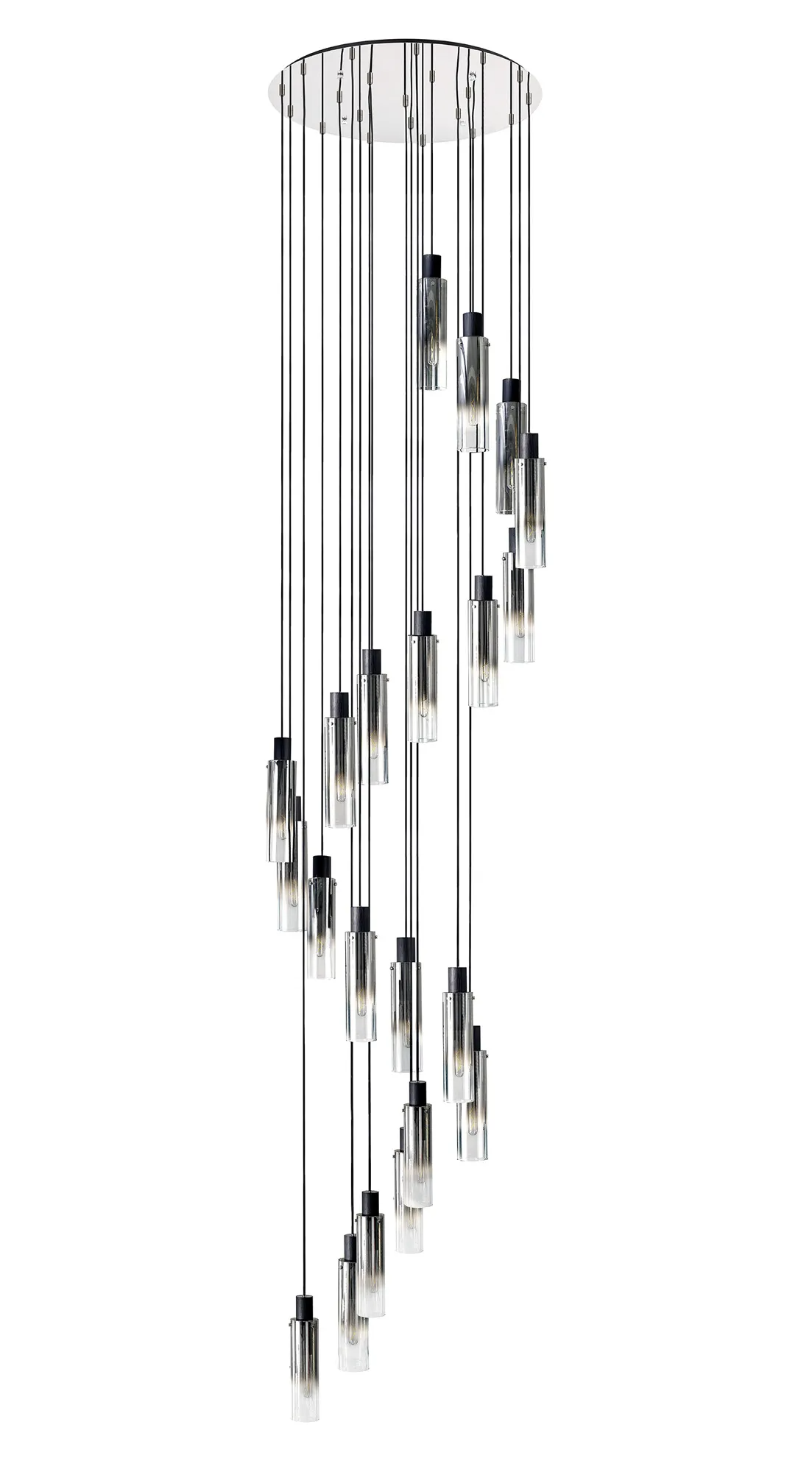 Bespoke Stairwell 21 Light Pendant with Black & Polished Chrome Metalwork & Smoke Fade Glass - ID 13779