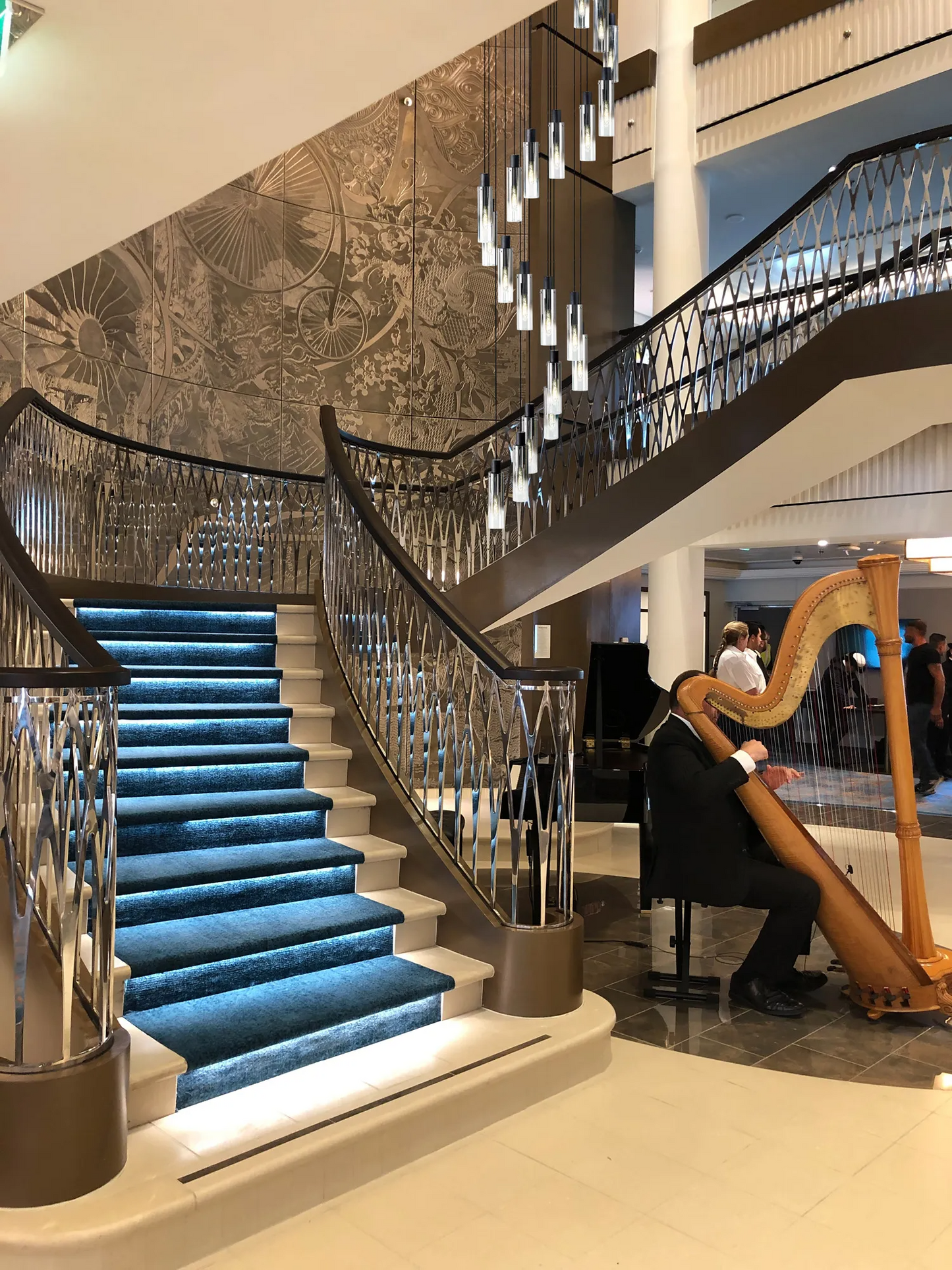 Bespoke Stairwell 21 Light Pendant with Black & Polished Chrome Metalwork & Smoke Fade Glass - ID 13779
