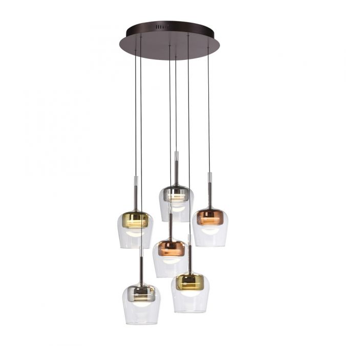 PNL Chrome, Copper, Gold & Glass Remote Control 6 Light Multi Pendant - ID 13883