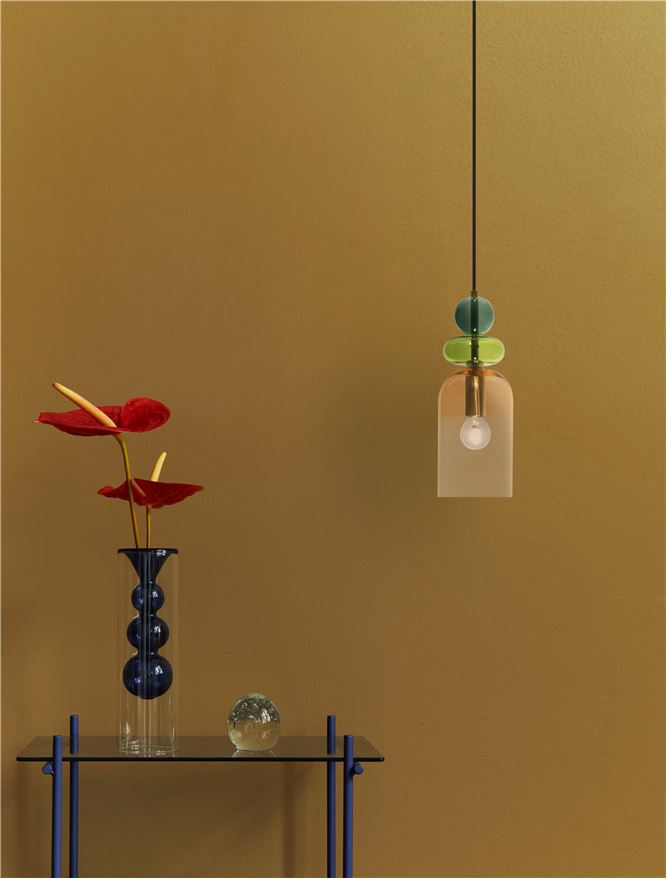 MUR Sandy Gold Metal Glossy Light & Dark Green & Orange Glass Single Pendant - ID 12514