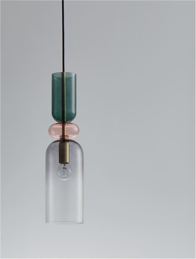 MUR Sandy Gold Metal Glossy Dark Green Pink & Light Grey Glass Single Pendant - ID 12512