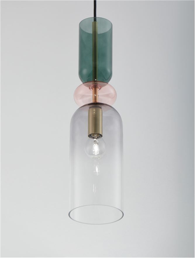 MUR Sandy Gold Metal Glossy Dark Green Pink & Light Grey Glass Single Pendant - ID 12512