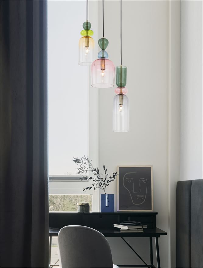 MUR Sandy Gold Metal Glossy Light & Dark Green Blue Grey Pink & Orange Glass 3 Lamp Multi Pendant - ID 12517