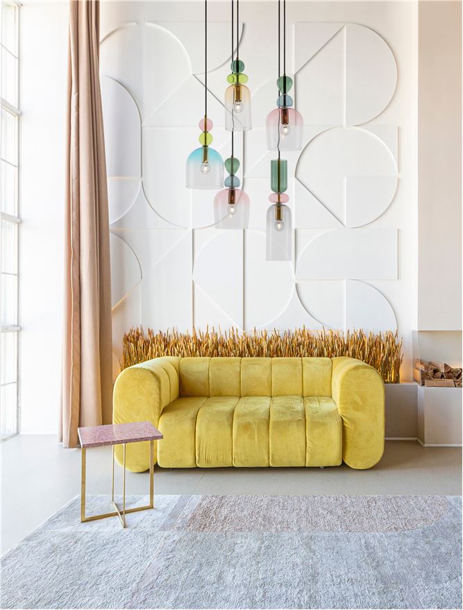 MUR Sandy Gold Metal Glossy Light & Dark Green Blue Grey Pink Orange & Blue Glass 5 Lamp Multi Pendant - ID 12516
