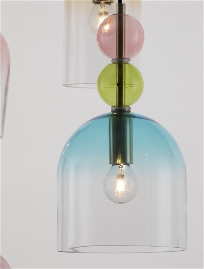 MUR Sandy Gold Metal Glossy Light & Dark Green Blue Grey Pink Orange & Blue Glass 5 Lamp Multi Pendant - ID 12516