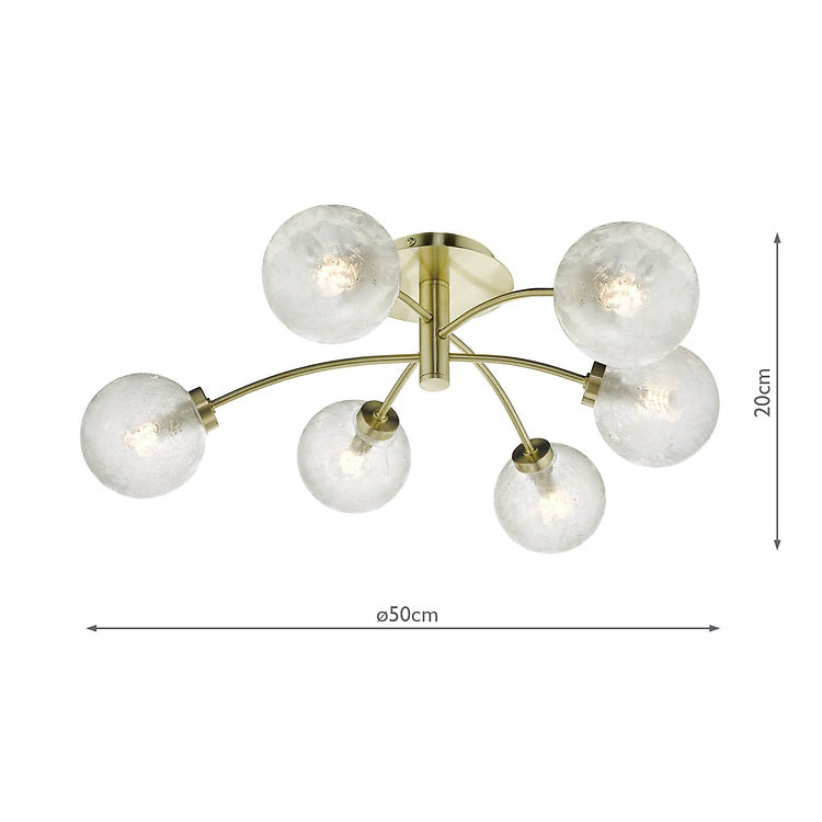 AVA Satin Brass & Ornate Frosted Glass Six Lamp Semi-Flush Ceiling Light - ID 10826 - BOXED CLEARANCE MODEL