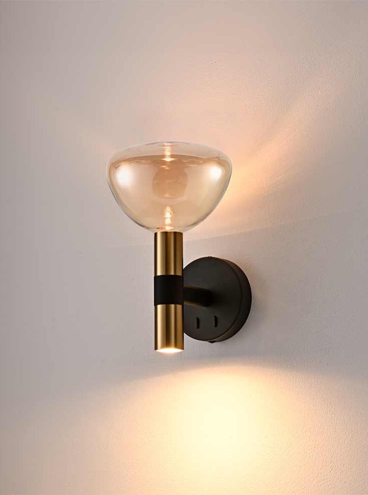 Matt Black And Satin Brass Bi-directional Wall Light With Amber Glass - ID 14290