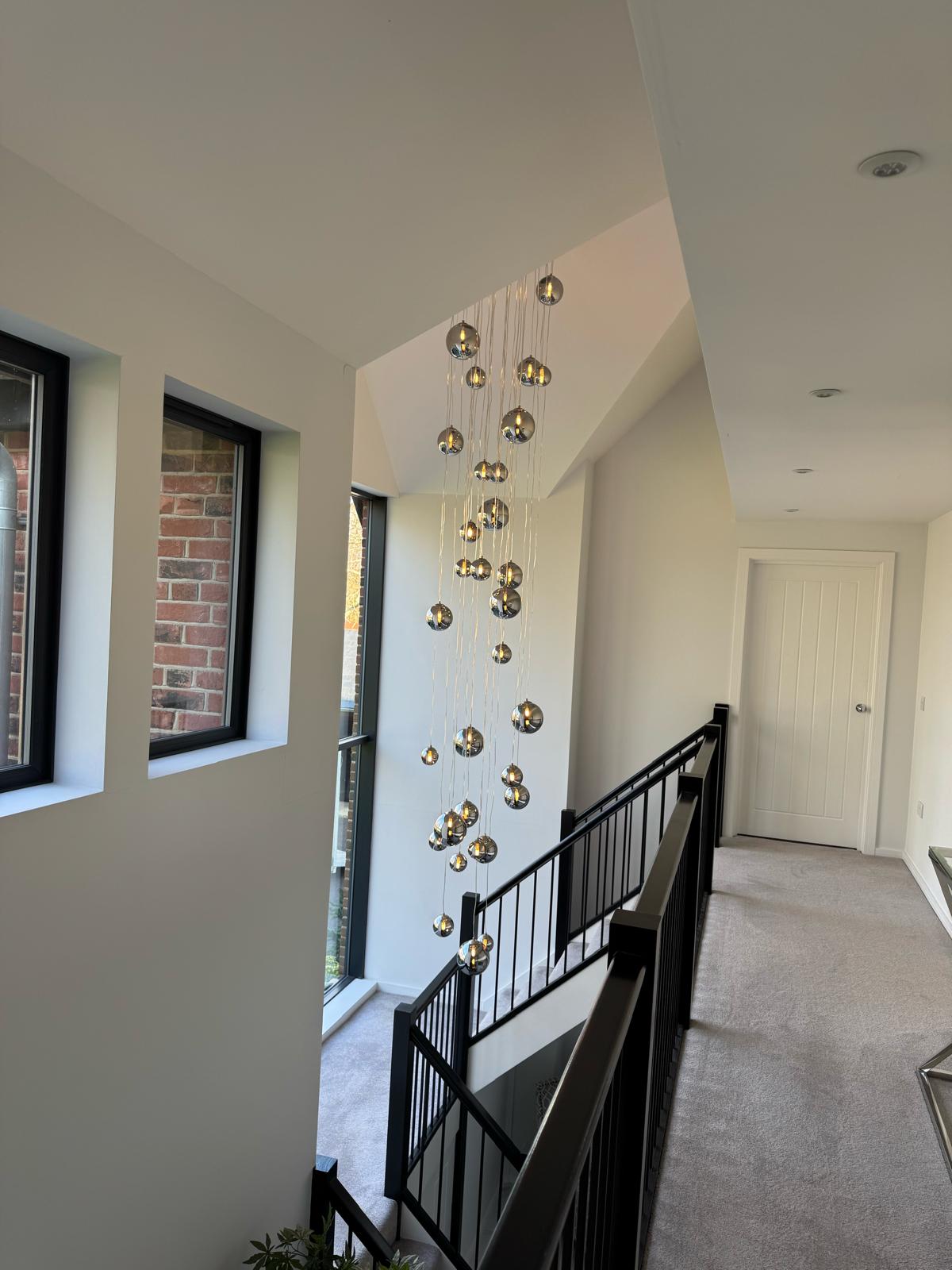 GAL 16 Light Bespoke Stairwell Pendant, Satin Gold / Amber Plated Glass - ID 13786