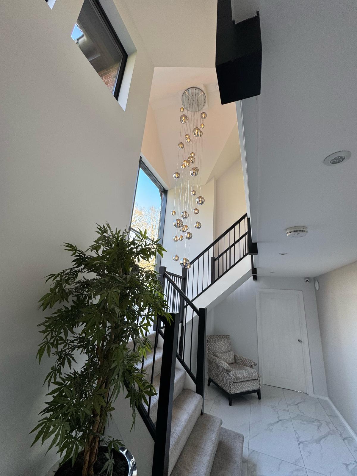 GAL 16 Light Bespoke Stairwell Pendant, Satin Gold / Amber Plated Glass - ID 13786