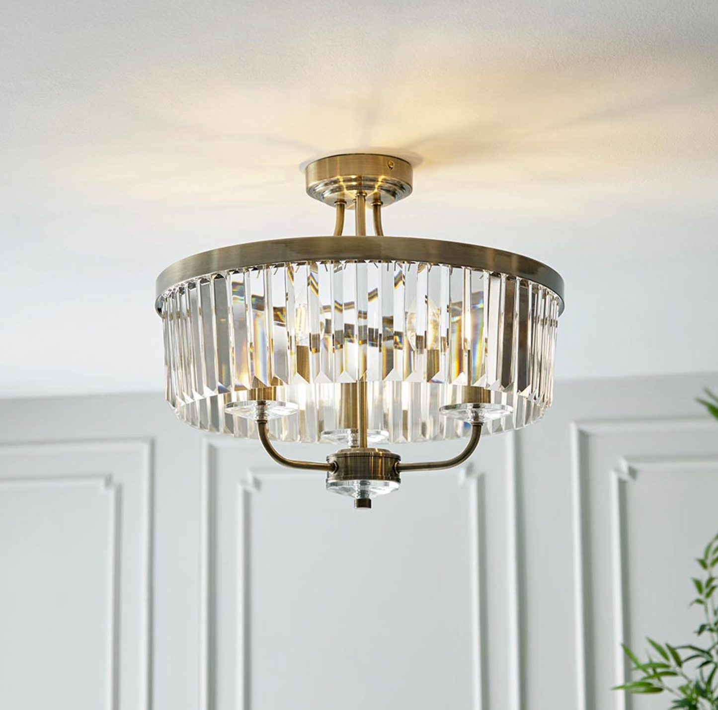 Round Antique Semi-Flush Chandelier, Brass And Clear Cut Glass - ID 12519