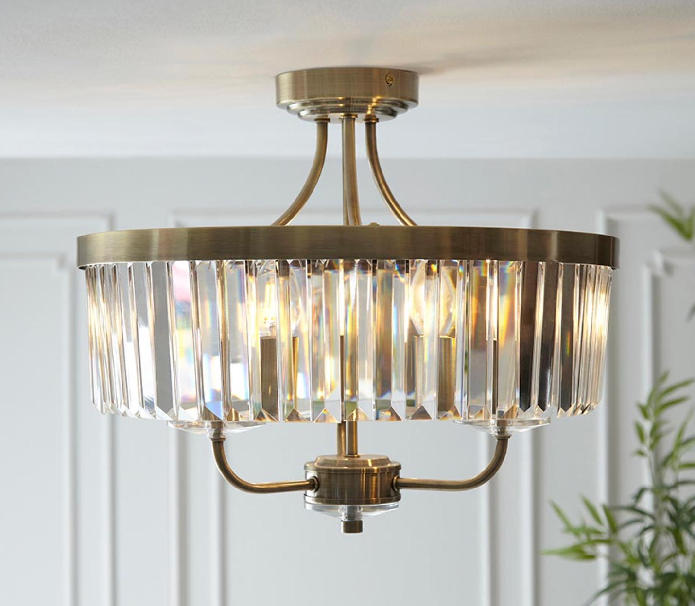 Round Antique Semi-Flush Chandelier, Brass And Clear Cut Glass - ID 12519