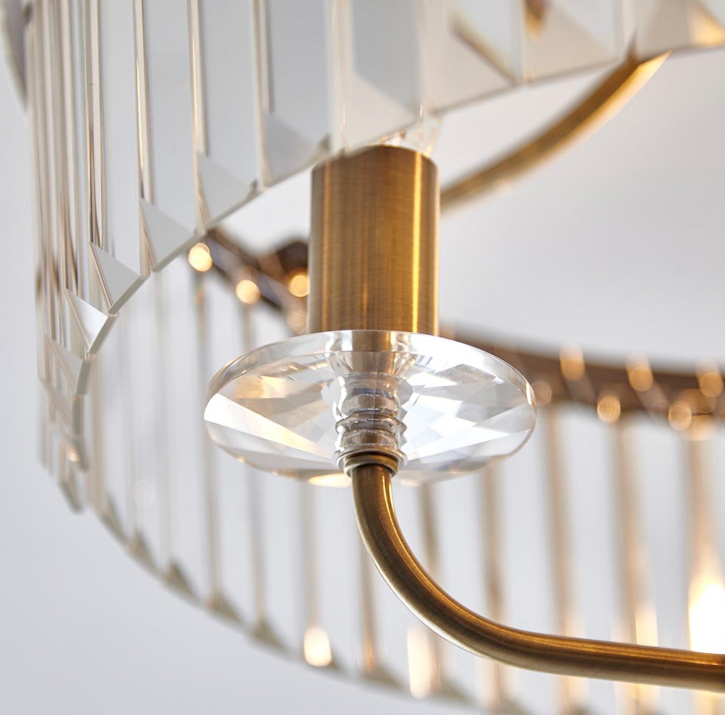 Round Antique Semi-Flush Chandelier, Brass And Clear Cut Glass - ID 12519