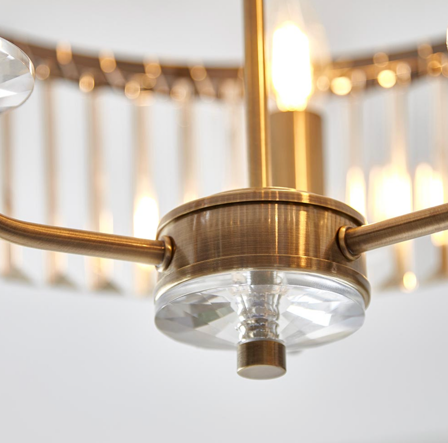 Round Antique Semi-Flush Chandelier, Brass And Clear Cut Glass - ID 12519