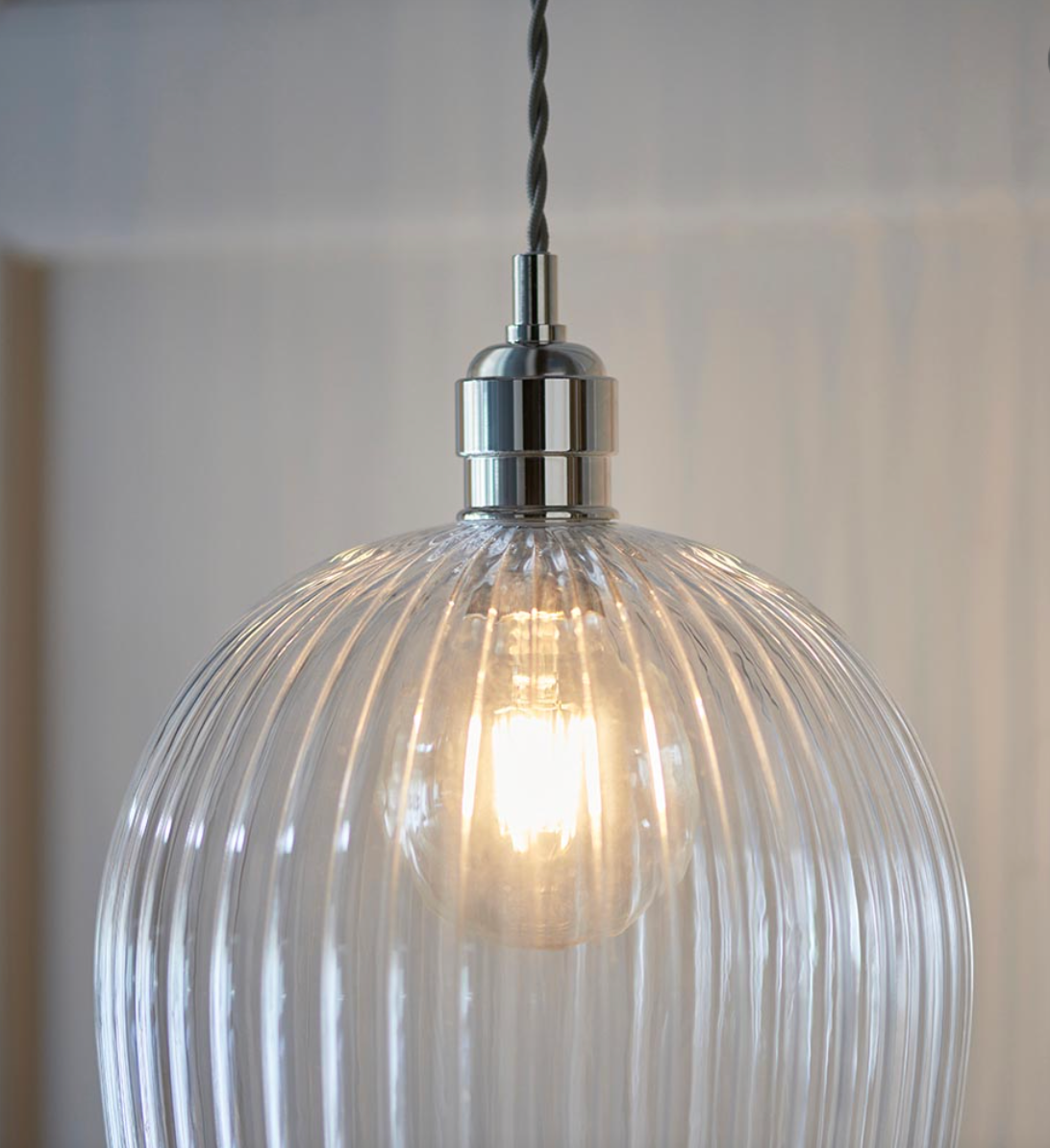 Ribbed glass & bright nickel large pendant - ID 12971