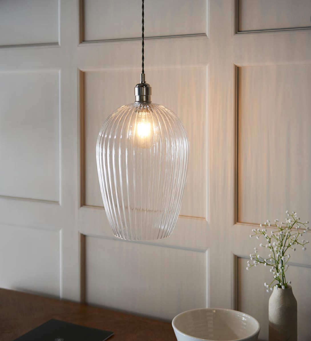 Ribbed glass & bright nickel large pendant - ID 12971