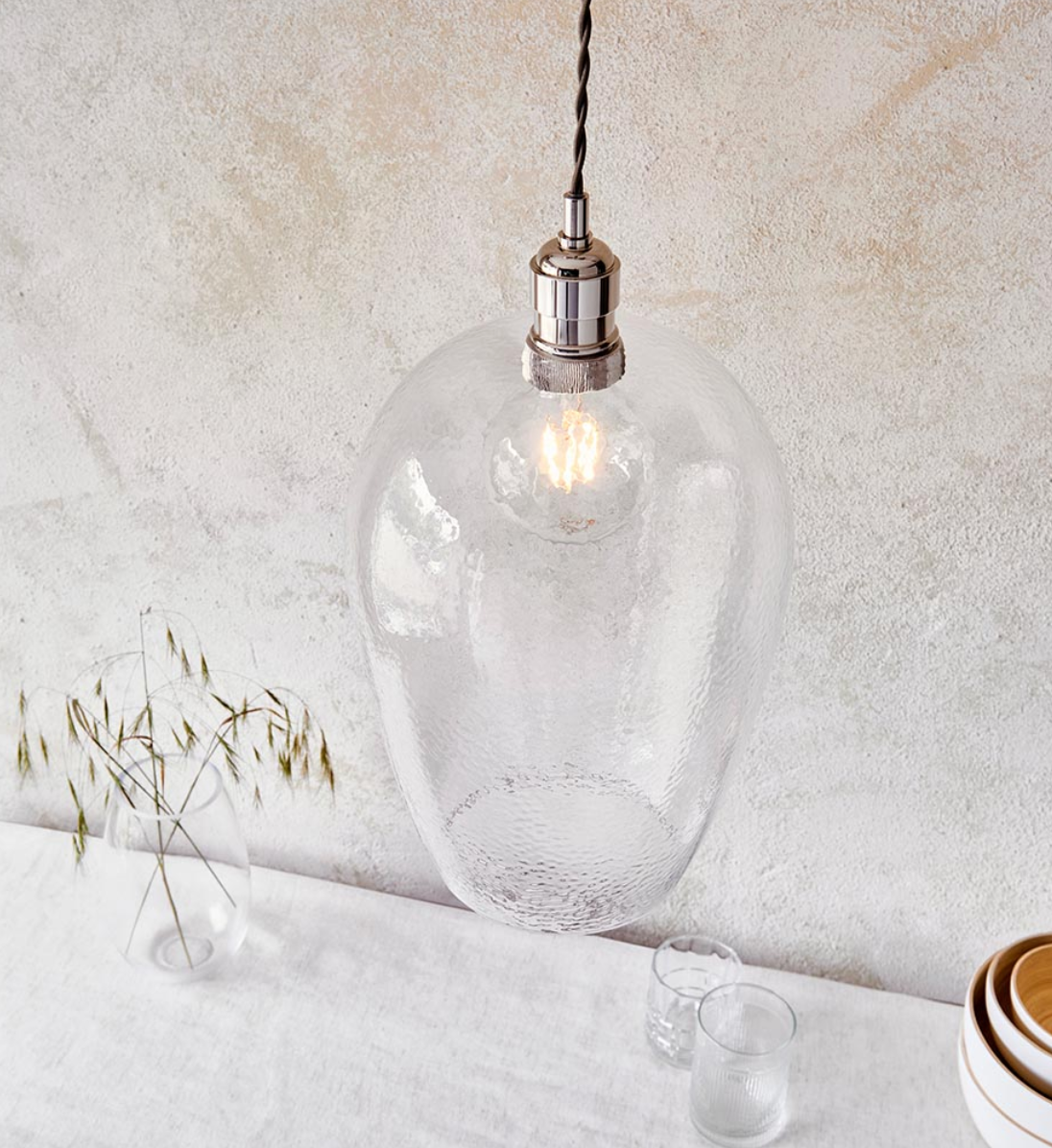 Hammered glass & bright nickel large pendant - ID 12993