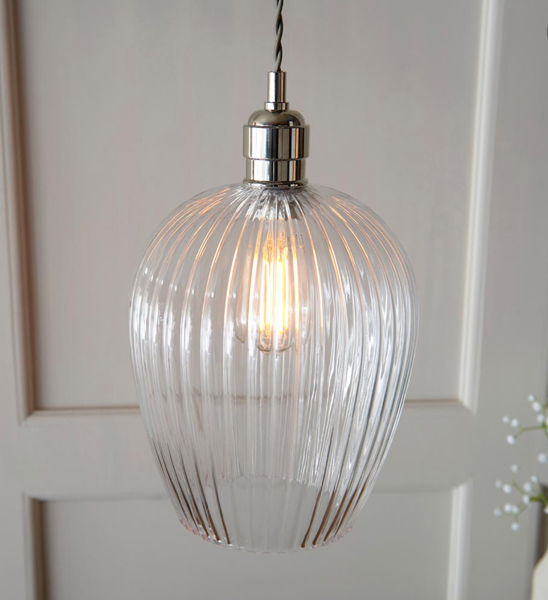 Ribbed Glass & Bright Nickel Small Pendant - ID 12972