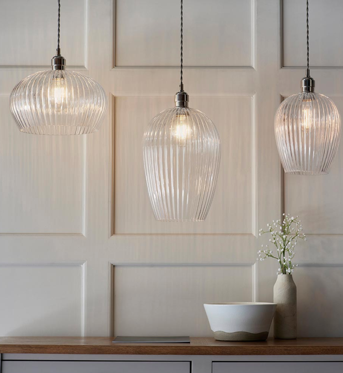 Ribbed Glass & Bright Nickel Small Pendant - ID 12972