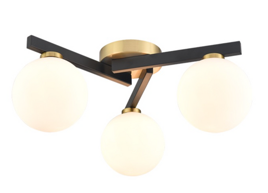 3 Light Flush, Matt Black & Aged Brass, Opal Glass - 13149