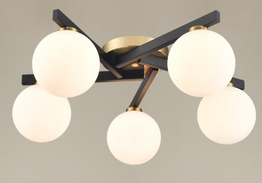 5 Light Flush, Matt Black & Aged Brass, Opal Glass - 13150
