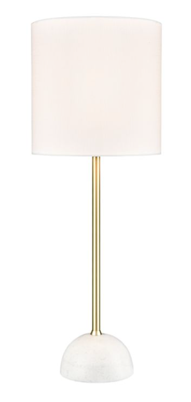 Brok Satin Brass Table Light With Off White Fabric Shade & White Marble Base ID 13735
