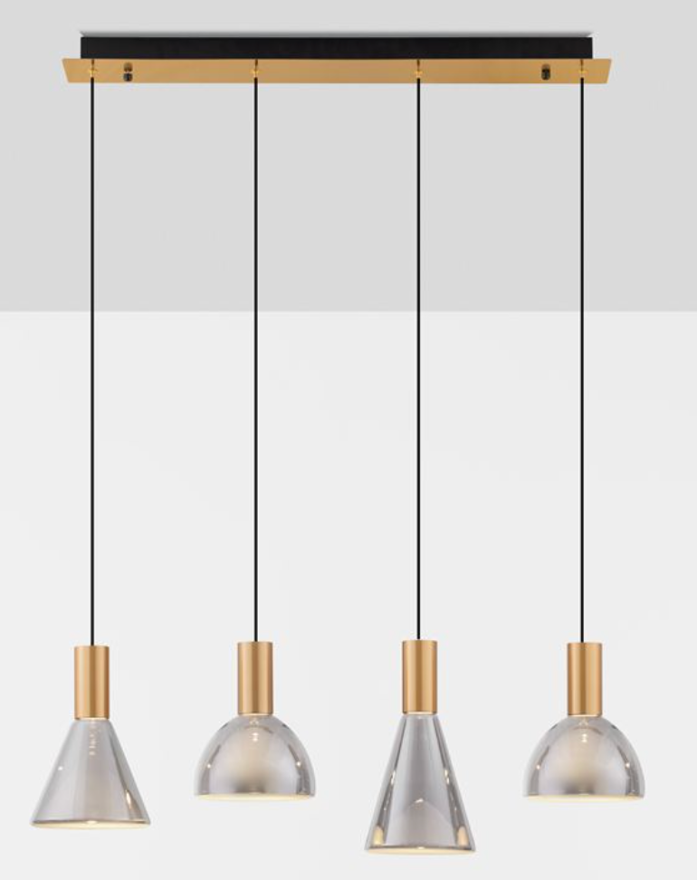 NL Voy Elegant Brass & Smoked Glass 4 Light In Line Multi Pendant - ID 13768