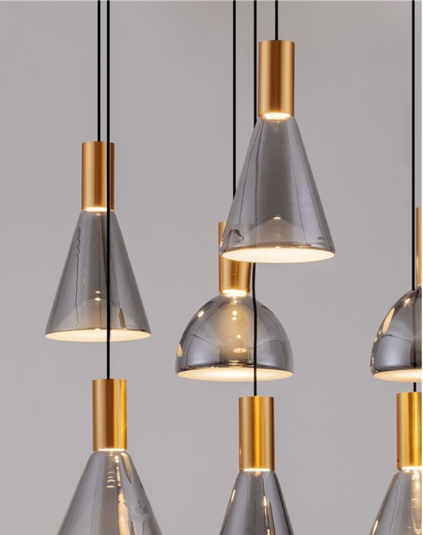 NL Voy Elegant Brass & Smoked Glass 7 Light Rectangular Multi Pendant - ID ID 13828