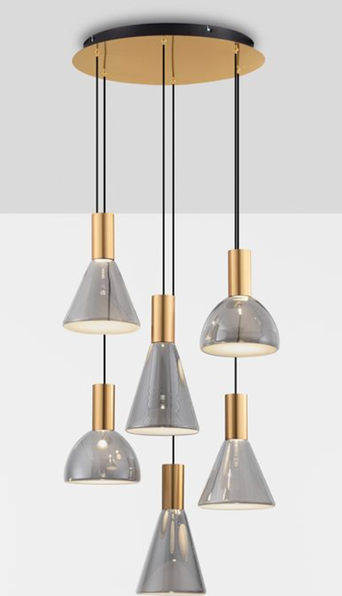 NL Voy Elegant Brass & Smoked Glass 6 Light Round Multi Pendant - ID 13824