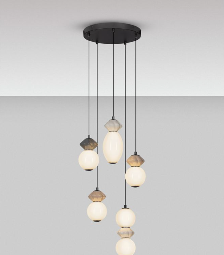 NL Pallin Mocha, Light & Dark Grey Ceramic & Opal Glass 5 Light Multi Pendant - ID 13852