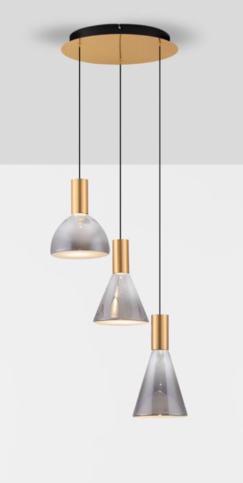 NL Voy Elegant Brass & Smoked Glass 3 Light Multi Pendant - ID 13765