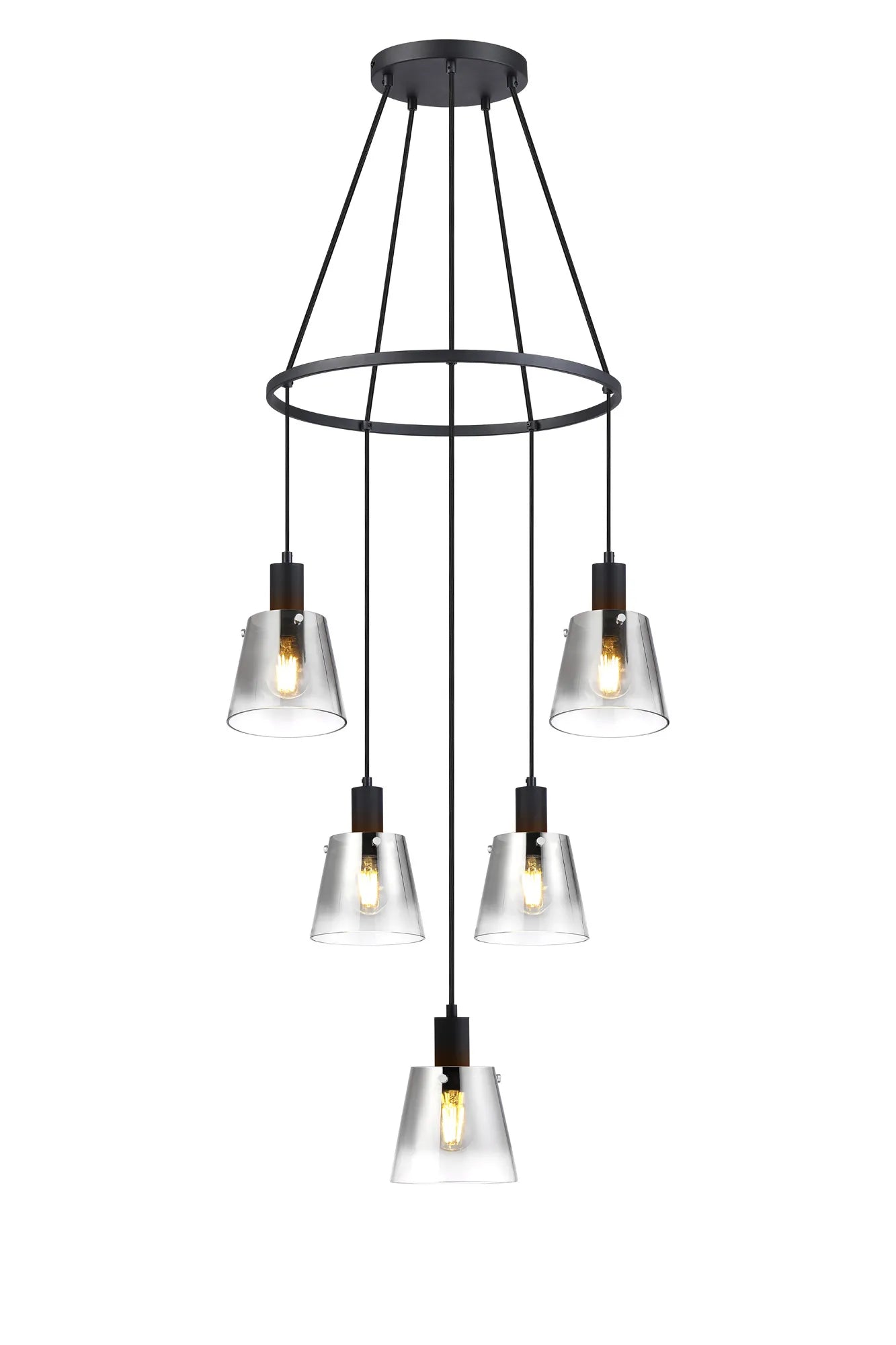 Bespoke 5 Light Stairwell Ring Pendant Black Metalwork & Custom Glass - ID 13784