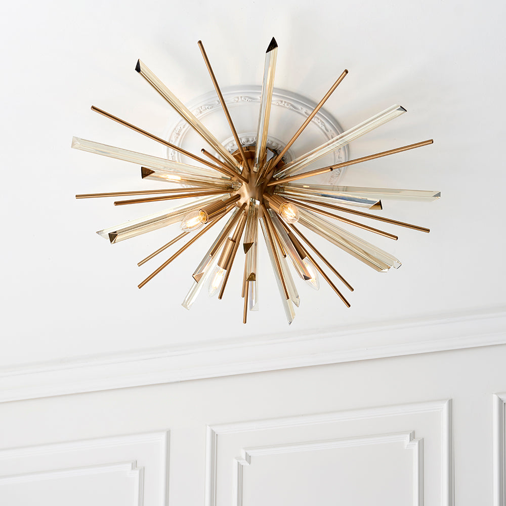 Antique Brass & Champagne Tint Cut Glass Semi-Flush Ceiling Light - ID 11137