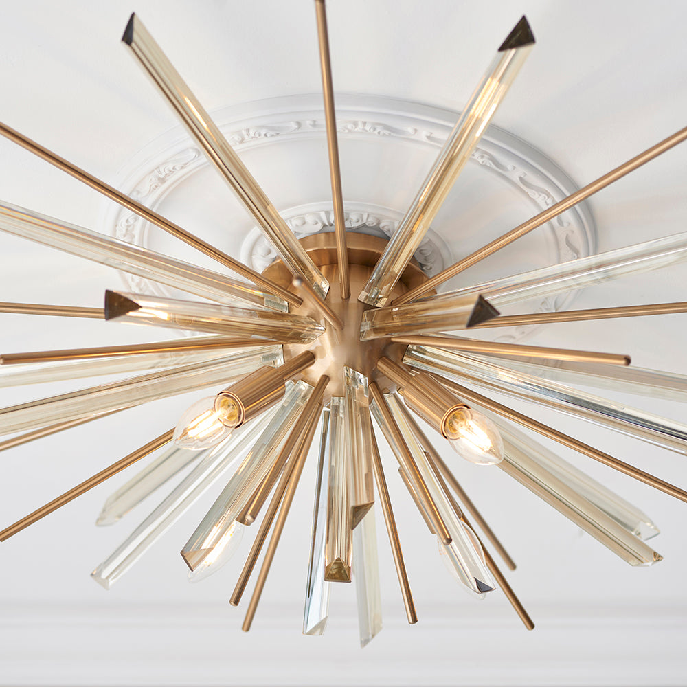 Antique Brass & Champagne Tint Cut Glass Semi-Flush Ceiling Light - ID 11137