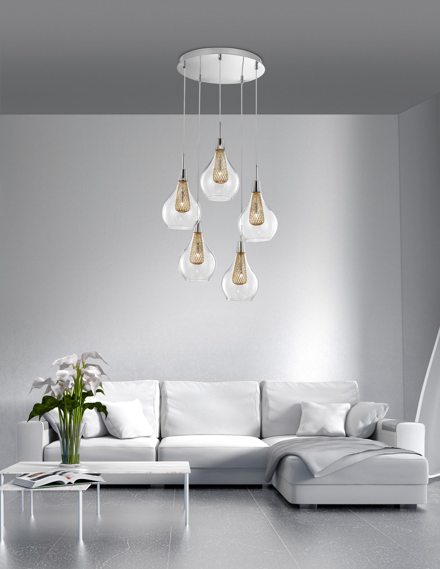Clear Glass and Gold Mesh Multi Pendant - ID 9246