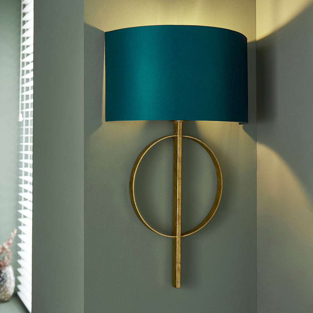 Hoop Detail Wall Light In Gold Leaf With Teal Satin Fabric - ID 11187
