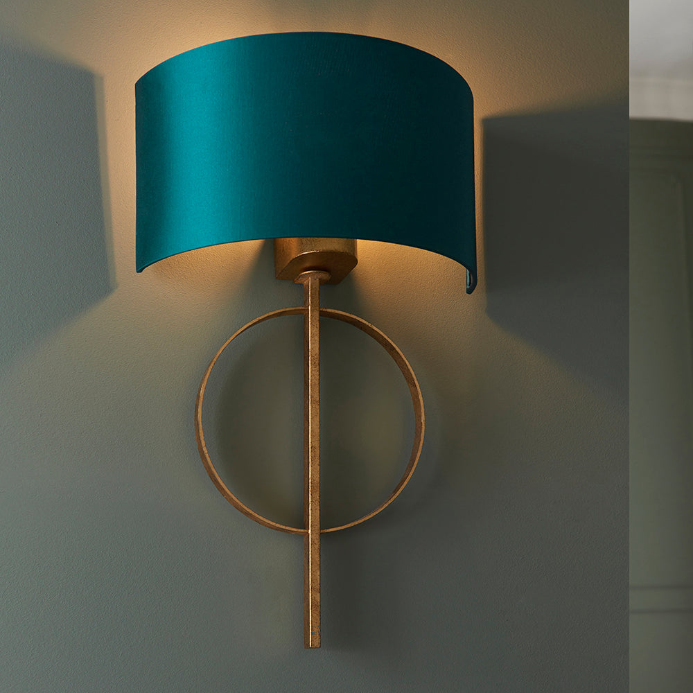Hoop Detail Wall Light In Gold Leaf With Teal Satin Fabric - ID 11187