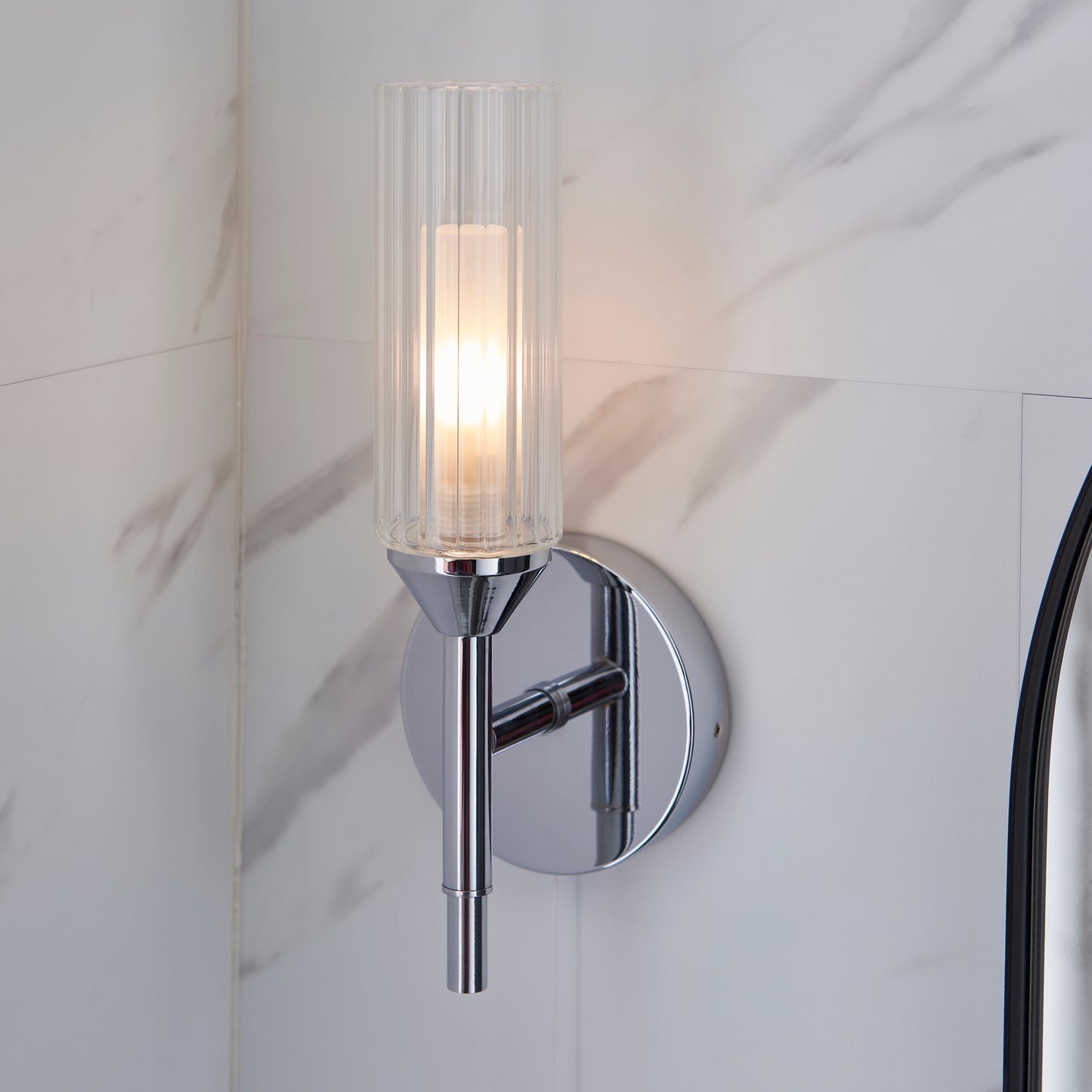 Polished Chrome & Ribbed Glass One Lamp IP44 Wall Light - ID 11638