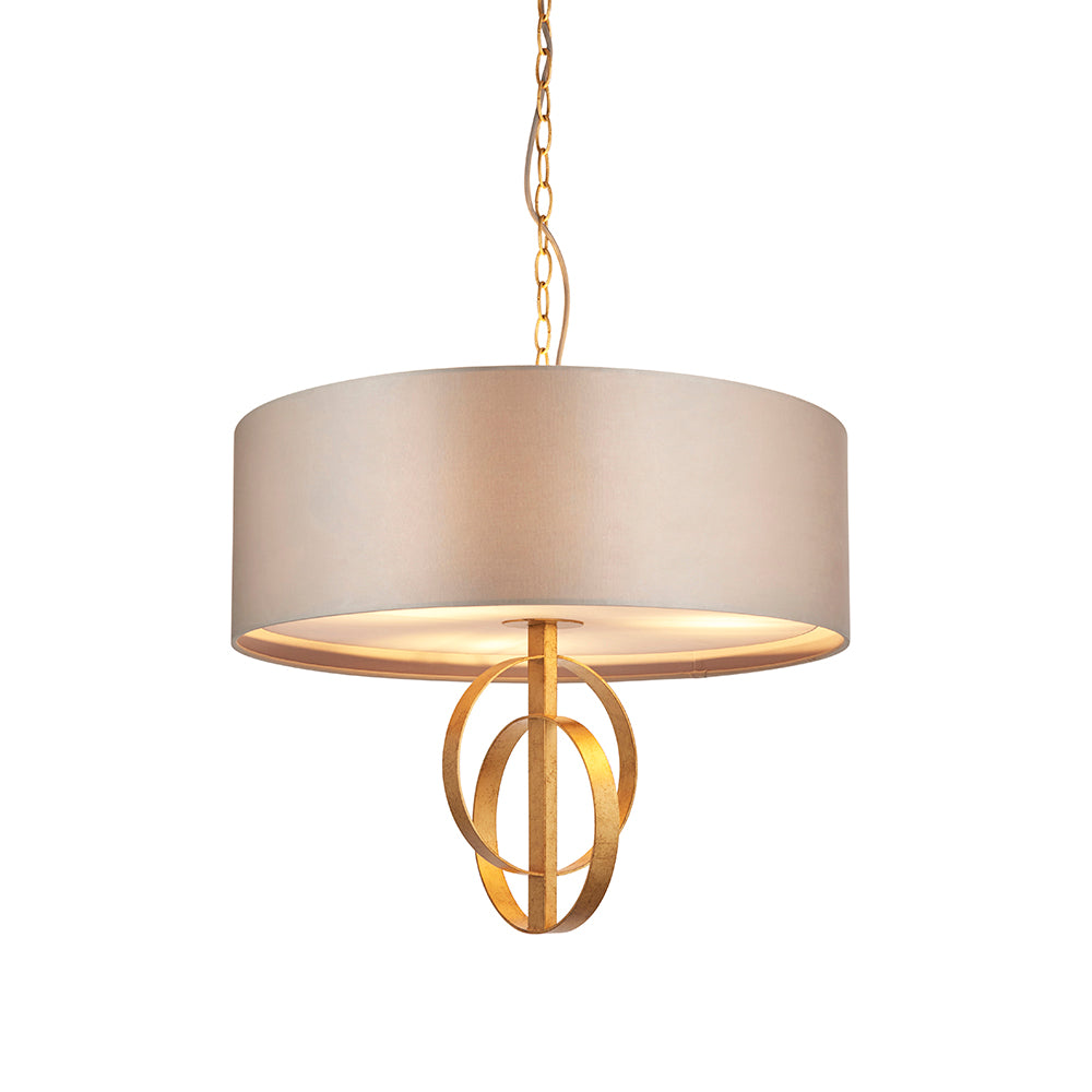 Hoop Detail Medium Three Light Pendant In Gold Leaf With Mink Satin Fabric - ID 11180