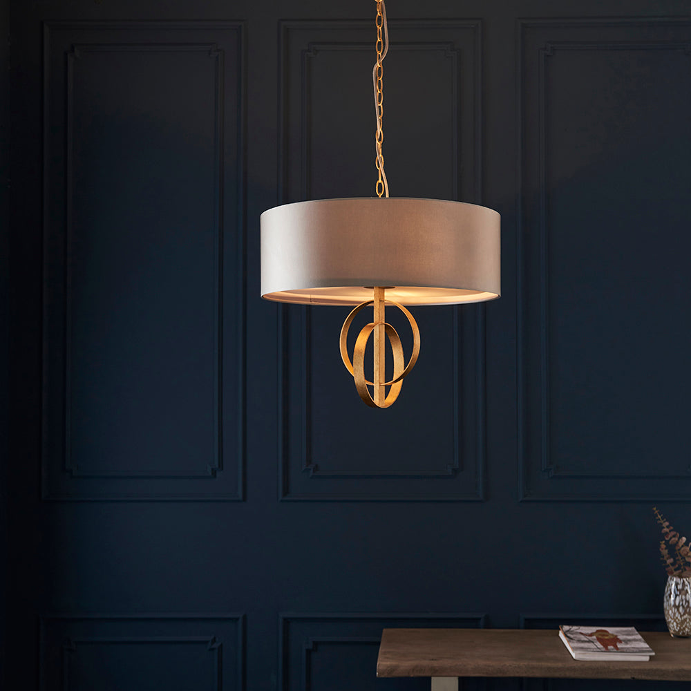 Hoop Detail Medium Three Light Pendant In Gold Leaf With Mink Satin Fabric - ID 11180