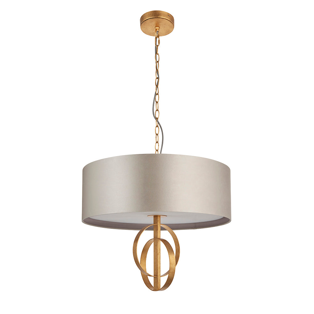 Hoop Detail Medium Three Light Pendant In Gold Leaf With Mink Satin Fabric - ID 11180