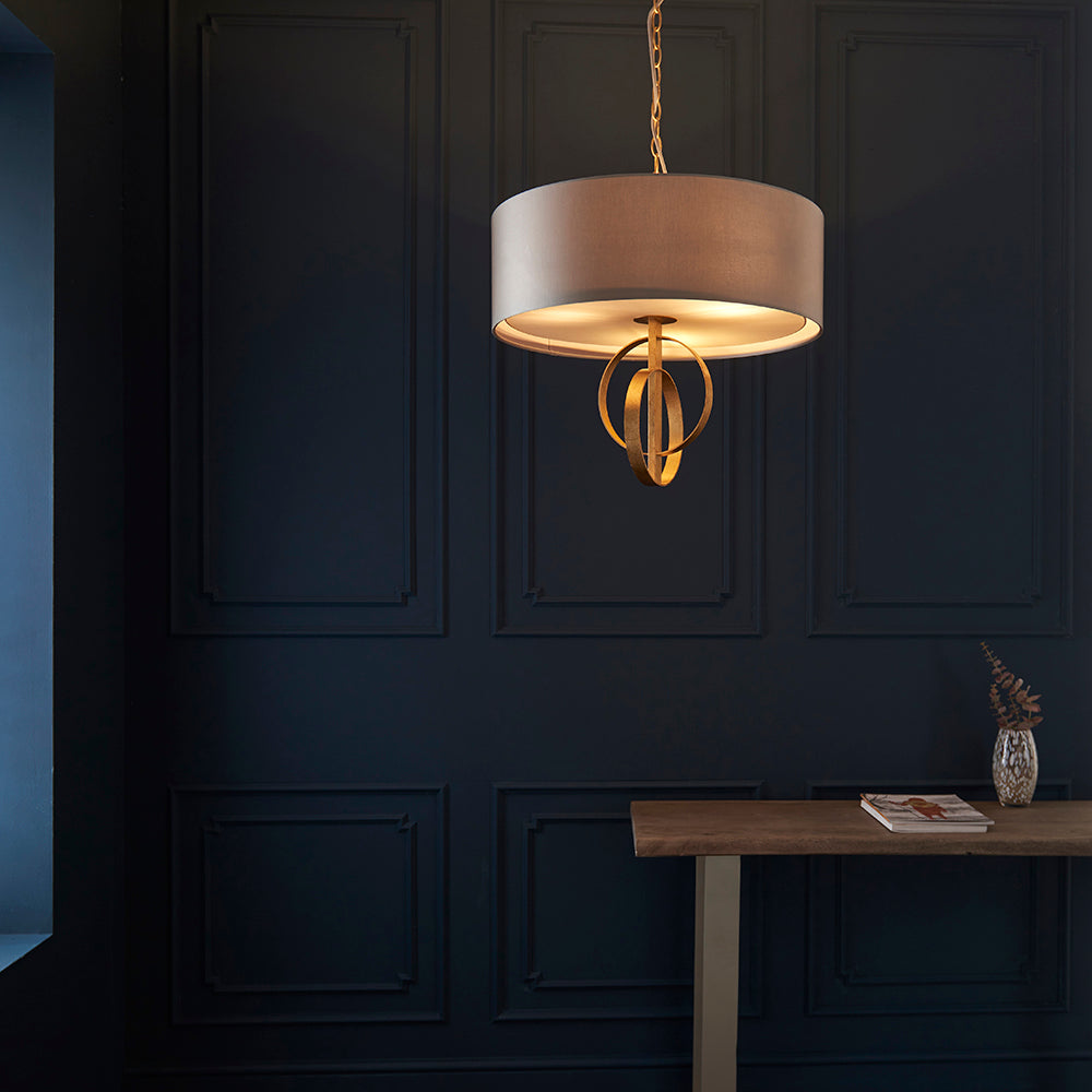 Hoop Detail Medium Three Light Pendant In Gold Leaf With Mink Satin Fabric - ID 11180