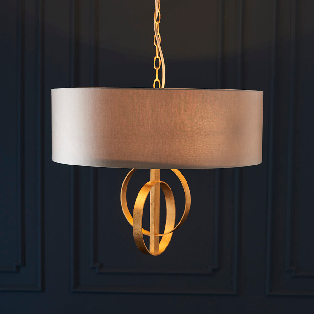 Hoop Detail Medium Three Light Pendant In Gold Leaf With Mink Satin Fabric - ID 11180