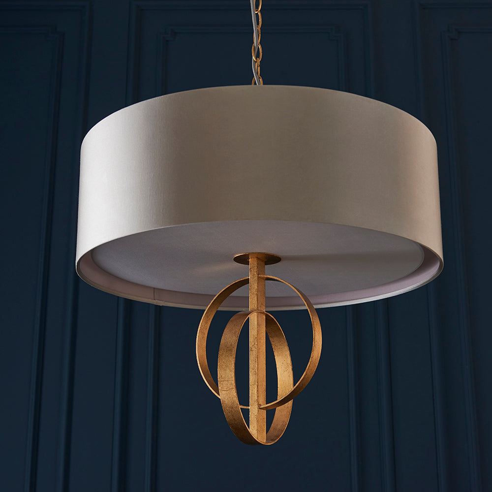 Hoop Detail Medium Three Light Pendant In Gold Leaf With Mink Satin Fabric - ID 11180