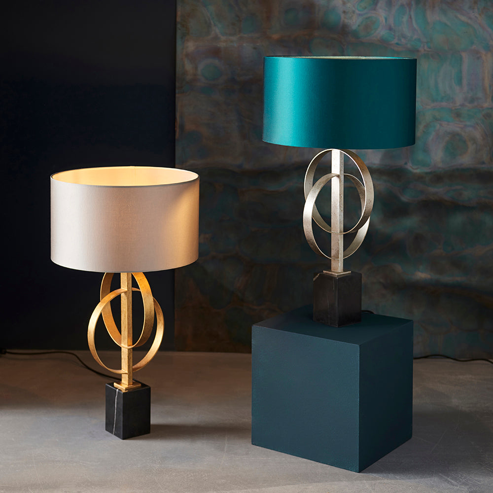 Hoop Detail Table Lamp In Gold Leaf With Mink Satin Fabric & Marble Base - ID 11182