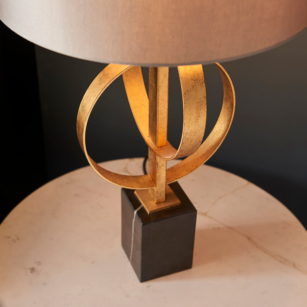 Hoop Detail Table Lamp In Gold Leaf With Mink Satin Fabric & Marble Base - ID 11182
