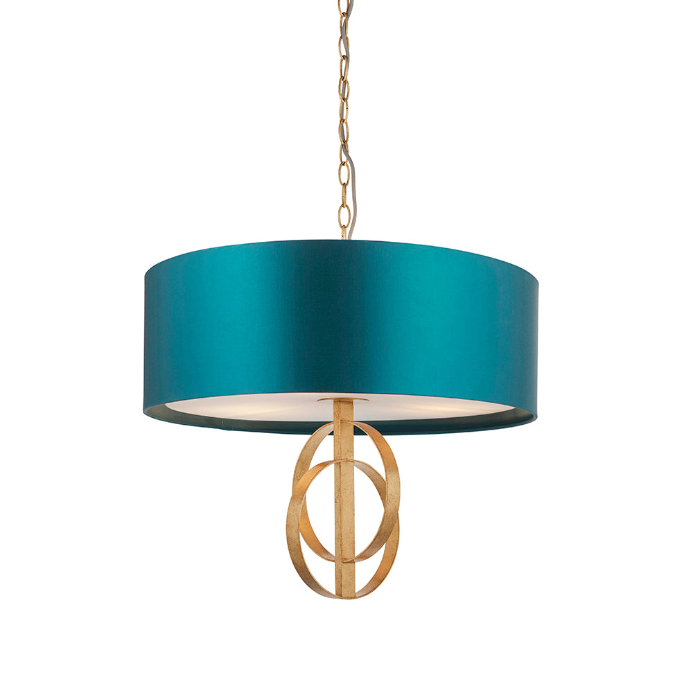 Hoop Detail Medium Three Light Pendant In Gold Leaf With Teal Satin Fabric - ID 11185