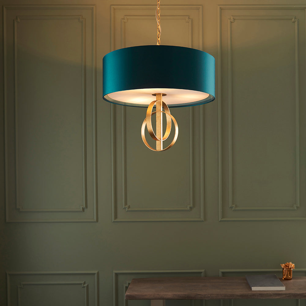 Hoop Detail Medium Three Light Pendant In Gold Leaf With Teal Satin Fabric - ID 11185