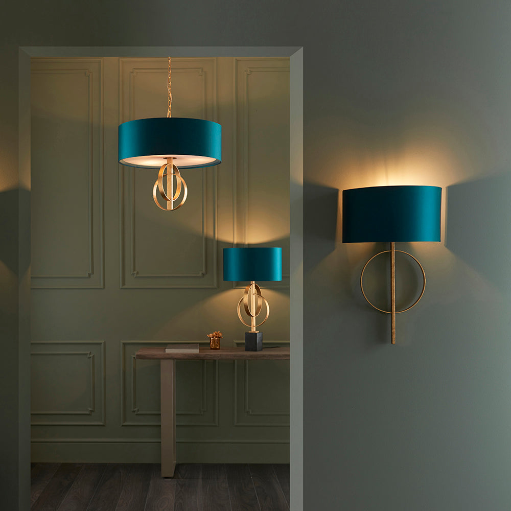 Hoop Detail Medium Three Light Pendant In Gold Leaf With Teal Satin Fabric - ID 11185